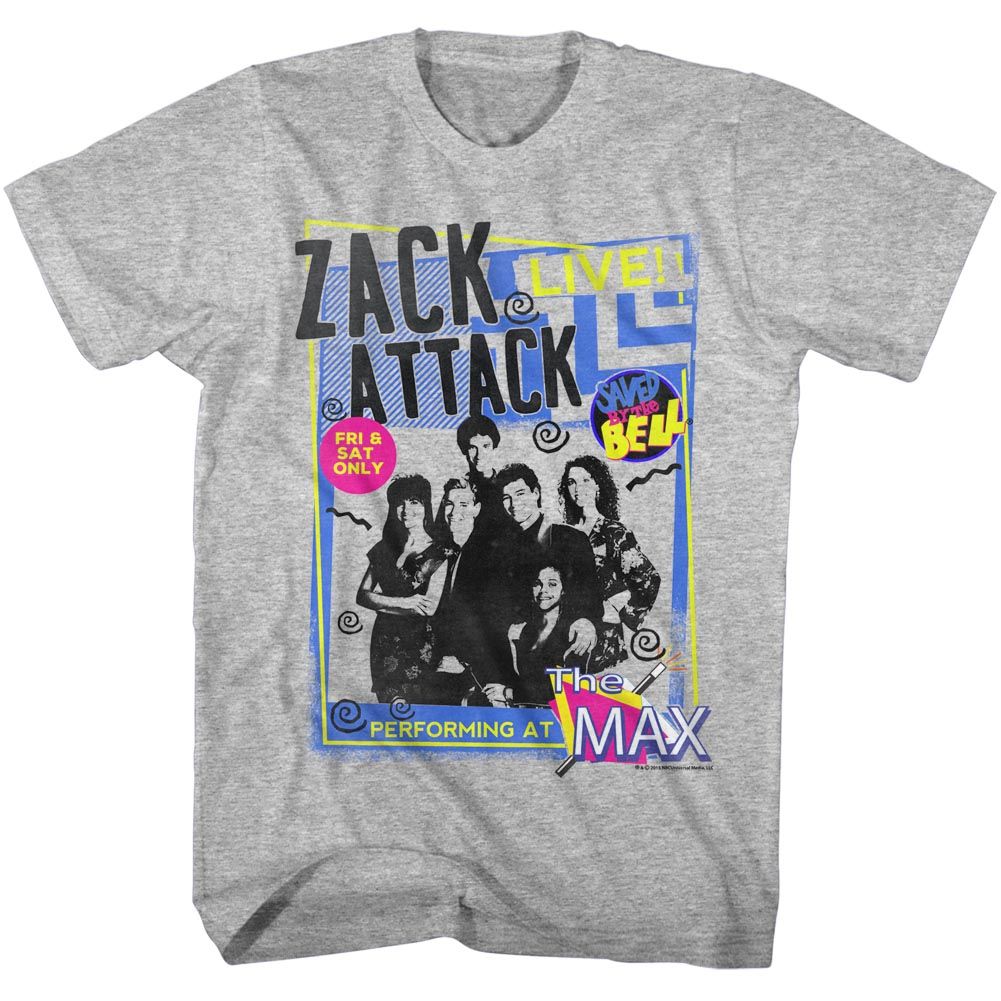 Heather grey T-shirt featuring a retro concert-poster-style graphic of the Zack Attack band from Saved by the Bell with neon accents and text reading “Zack Attack Live! Performing at The Max.”