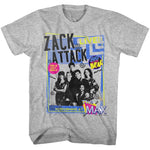 Heather grey T-shirt featuring a retro concert-poster-style graphic of the Zack Attack band from Saved by the Bell with neon accents and text reading “Zack Attack Live! Performing at The Max.”