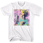 White T-shirt featuring a retro pop-art style graphic of Zack Morris holding a large 90s cell phone, with pastel colors and the text “CELL PHONES — THE WAVE OF THE FUTURE.”