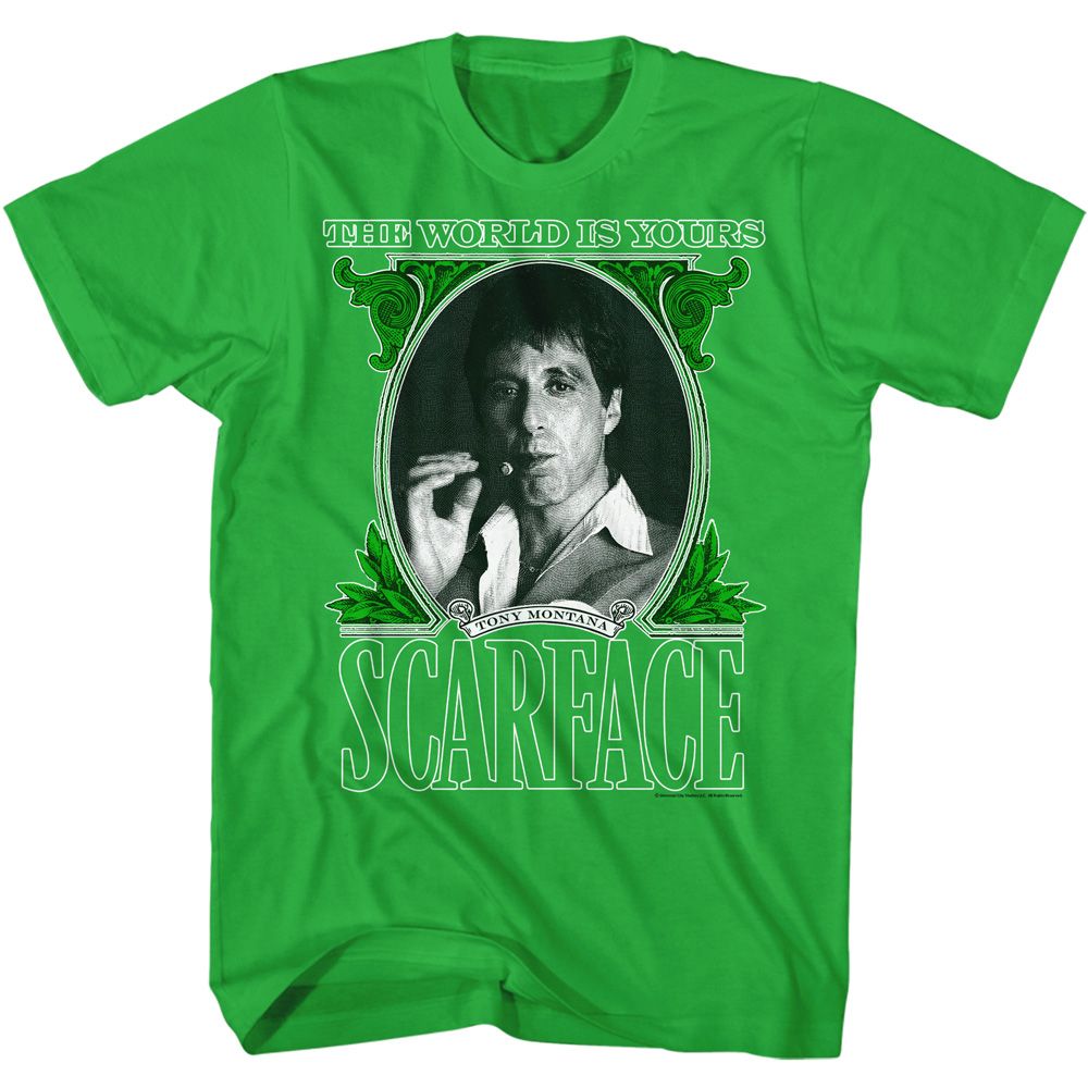 Green Scarface T-shirt featuring Tony Montana portrait with “The World Is Yours” text