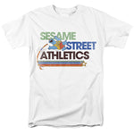 Sesame Street Athletics T-shirt featuring Cookie Monster pole vaulting with retro stripes on a white shirt