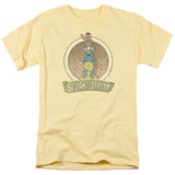 Sesame Street T-shirt featuring Ernie, Bert, Cookie Monster, and Big Bird stacked above the Sesame Street sign on a yellow shirt