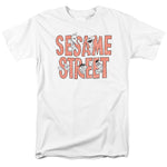 Sesame Street logo typography T-shirt with classic characters peeking through the letters on a white shirt