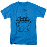 Sesame Street T-shirt featuring a minimalist outlined Cookie Monster graphic with classic logo text on a blue shirt