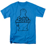 Sesame Street T-shirt featuring a minimalist outlined Cookie Monster graphic with classic logo text on a blue shirt
