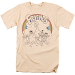 Sesame Street T-shirt featuring Big Bird, Cookie Monster, Bert, Ernie, and friends under a rainbow with the word Friends in a vintage sketch-style design