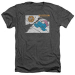 Sesame Street Cookie Monster dreaming of a cookie while tucked into bed on a dark heather gray T-shirt