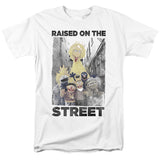 Sesame Street characters including Big Bird, Ernie, Bert, Cookie Monster, Grover, and Oscar the Grouch on a Raised on the Street white T-shirt