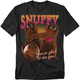 Black Sesame Street T-shirt featuring Mr. Snuffleupagus artwork with colorful retro lettering and the phrase “I’m so glad to see you!”