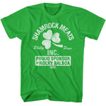 Green Rocky T-shirt featuring Shamrock Meats Inc. graphic with shamrock logo and Proud Sponsor of Rocky Balboa text