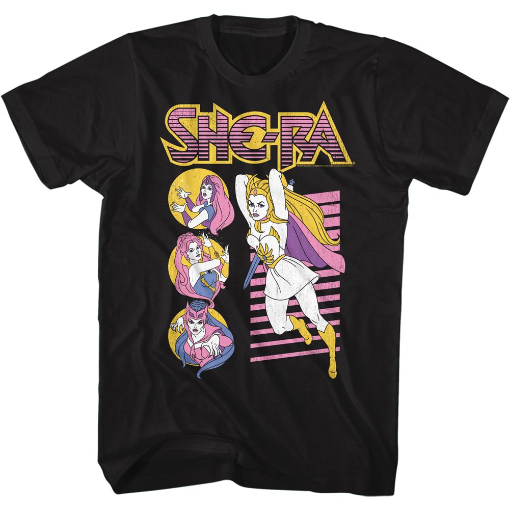 Black She-Ra T-shirt featuring She-Ra and other characters from the classic 1980s animated series She-Ra: Princess of Power.