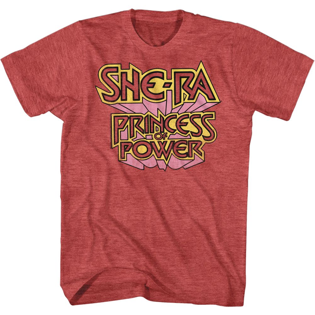 Heather red She-Ra Princess of Power T-shirt featuring a classic retro She-Ra logo with pink burst background in vintage 80s style.