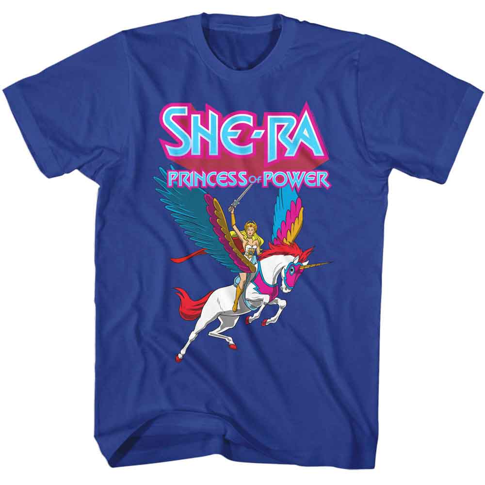 She-Ra Princess of Power graphic on a blue t-shirt showing She-Ra riding Swift Wind with colorful wings and neon She-Ra logo above.