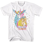 White She-Ra Princess of Power t-shirt featuring She-Ra raising her sword with Swift Wind flying above, surrounded by stars and a colorful retro background.