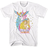 White She-Ra Princess of Power t-shirt featuring She-Ra raising her sword with Swift Wind flying above, surrounded by stars and a colorful retro background.