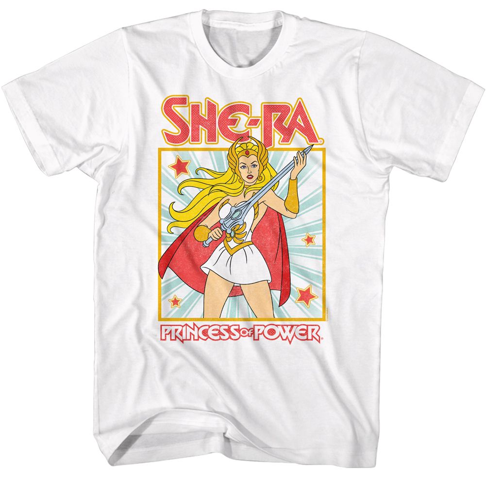 She-Ra Princess of Power cartoon graphic on a white t-shirt featuring She-Ra holding her sword with retro starburst background.