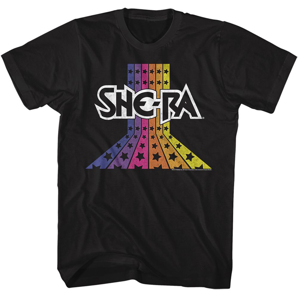 Black She-Ra T-shirt featuring a retro She-Ra logo with rainbow star stripes in a vintage 80s style design.