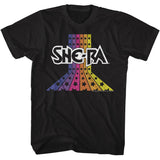 Black She-Ra T-shirt featuring a retro She-Ra logo with rainbow star stripes in a vintage 80s style design.