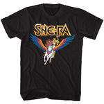 She-Ra Princess of Power graphic on a black t-shirt featuring She-Ra riding Swift Wind with colorful wings and large She-Ra logo above.