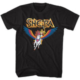 She-Ra Princess of Power graphic on a black t-shirt featuring She-Ra riding Swift Wind with colorful wings and large She-Ra logo above.