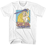 She-Ra Princess of Power graphic on a white t-shirt featuring She-Ra holding her sword above her head with logo text below.