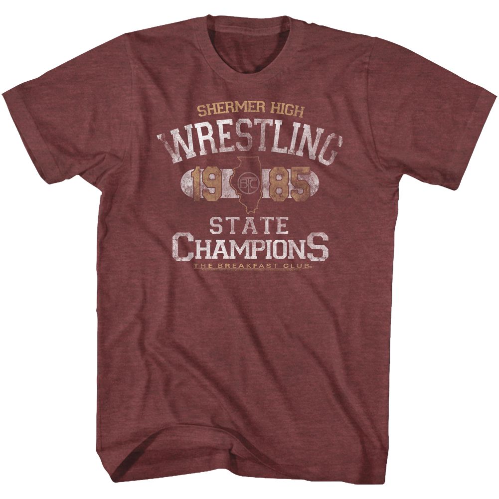 Maroon The Breakfast Club T-shirt featuring Shermer High Wrestling 1985 State Champions vintage distressed lettering