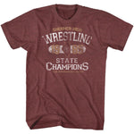 Maroon The Breakfast Club T-shirt featuring Shermer High Wrestling 1985 State Champions vintage distressed lettering