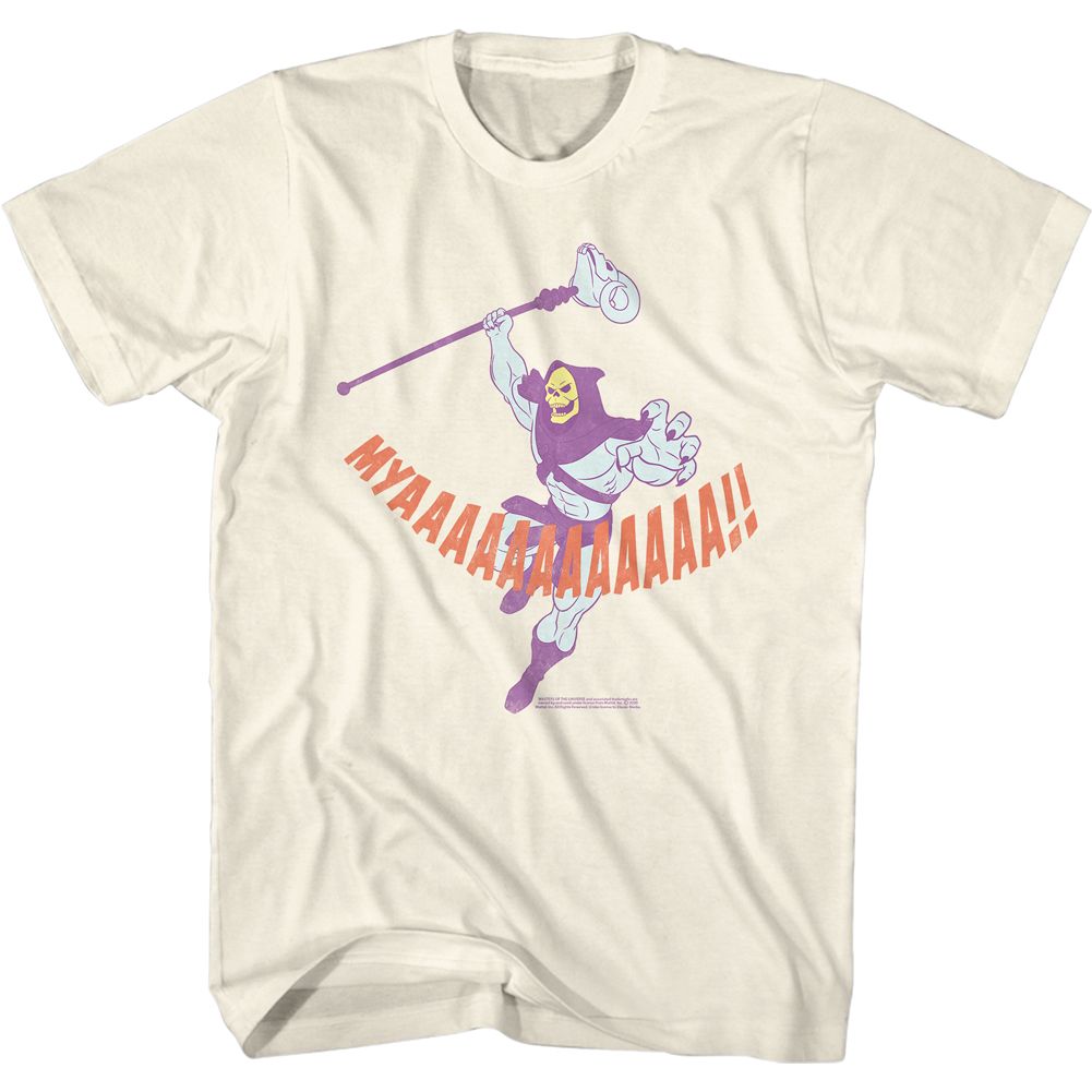 Natural cream Masters of the Universe T-shirt featuring Skeletor holding his staff and shouting “MYAAAAAAAH!” in a retro distressed graphic style.