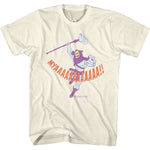 Natural cream Masters of the Universe T-shirt featuring Skeletor holding his staff and shouting “MYAAAAAAAH!” in a retro distressed graphic style.