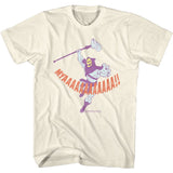 Natural cream Masters of the Universe T-shirt featuring Skeletor holding his staff and shouting “MYAAAAAAAH!” in a retro distressed graphic style.