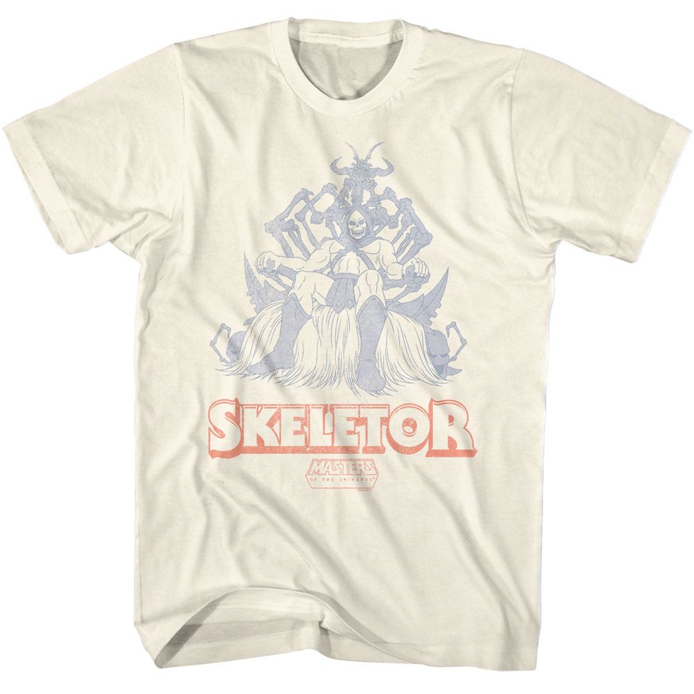 Natural cream Masters of the Universe T-shirt featuring Skeletor sitting on a throne with faded vintage-style artwork and bold Skeletor text.