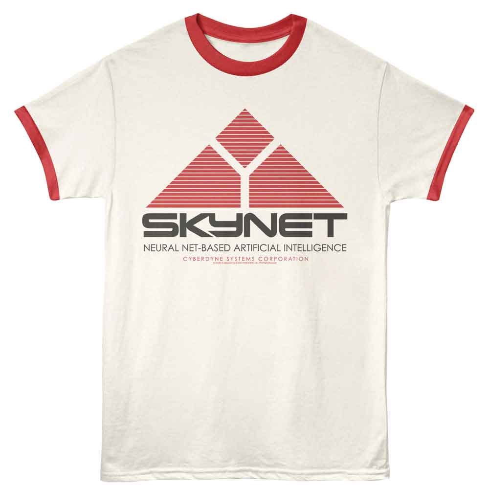 Officially licensed Skynet ringer t-shirt featuring the Cyberdyne Systems Skynet logo and neural net artificial intelligence design