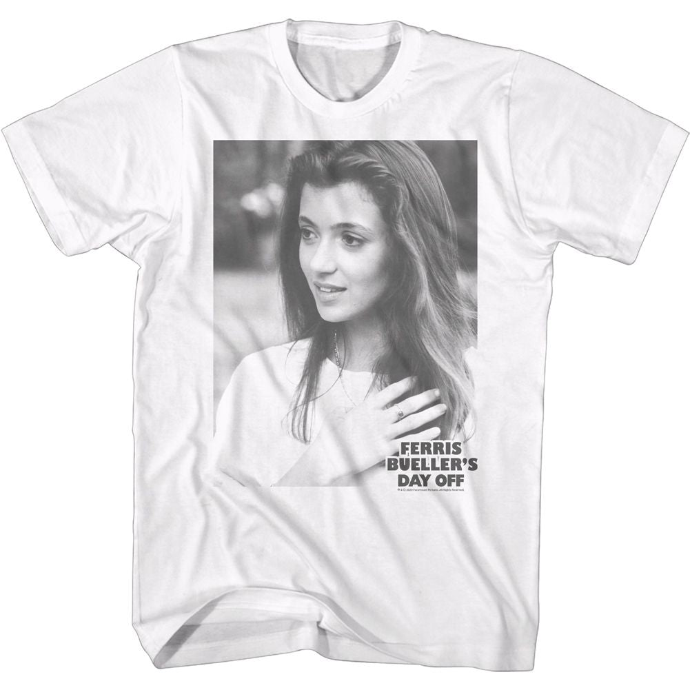 White T-shirt featuring a black-and-white photo of Sloane Peterson with Ferris Bueller’s Day Off text.