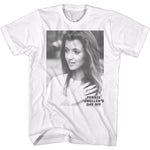 White T-shirt featuring a black-and-white photo of Sloane Peterson with Ferris Bueller’s Day Off text.
