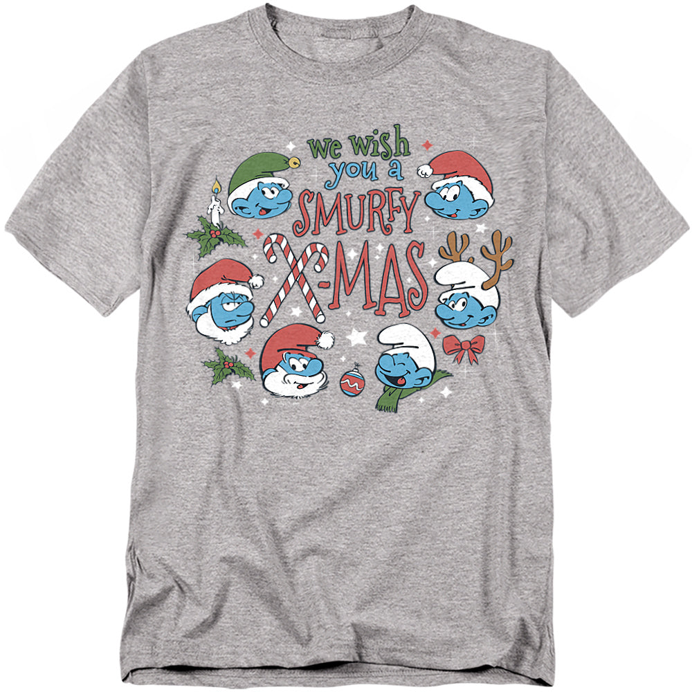 Gray T-shirt featuring The Smurfs in Santa hats and festive accessories with the text “We Wish You a Smurfy X-Mas.