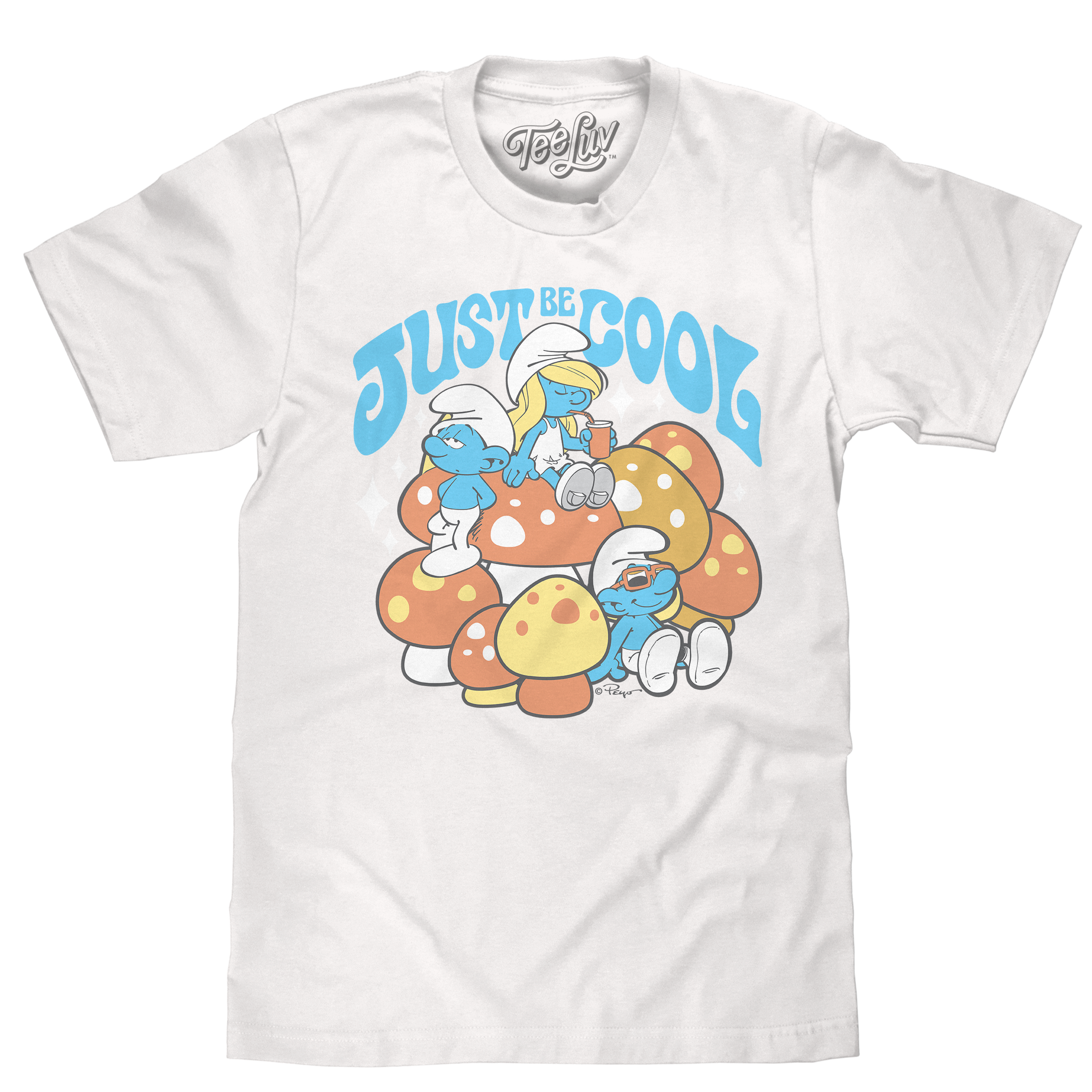 White graphic T-shirt featuring Smurf characters with colorful mushroom artwork and “Just Be Cool” slogan
