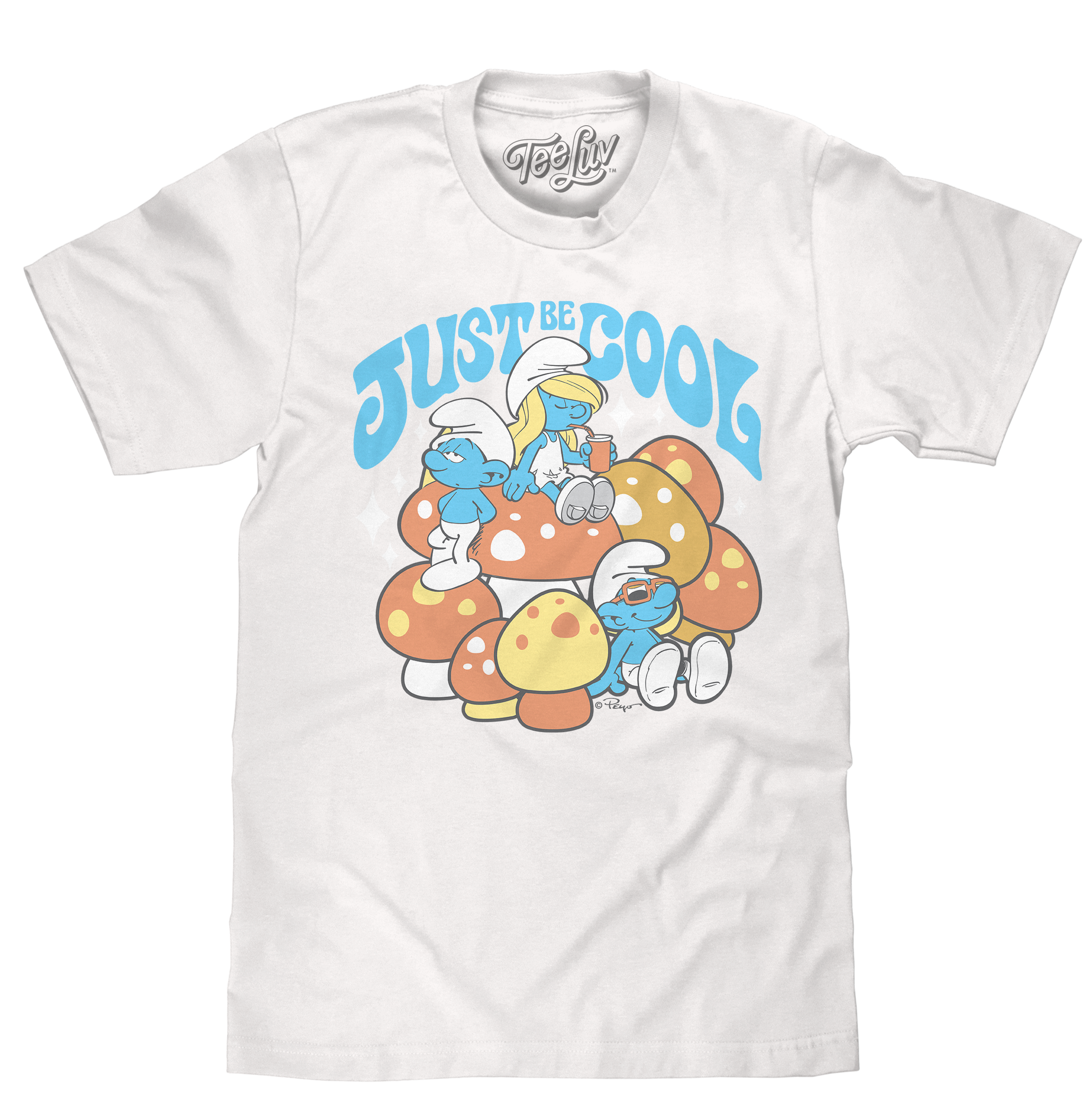 White graphic T-shirt featuring Smurf characters with colorful mushroom artwork and “Just Be Cool” slogan