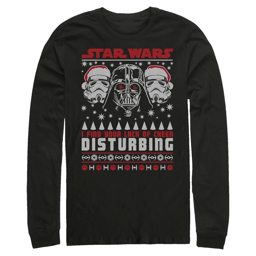 Black long-sleeve Star Wars T-shirt featuring Darth Vader and Stormtroopers in Santa hats with the phrase “I Find Your Lack of Cheer Disturbing.”