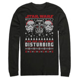 Black long-sleeve Star Wars T-shirt featuring Darth Vader and Stormtroopers in Santa hats with the phrase “I Find Your Lack of Cheer Disturbing.”