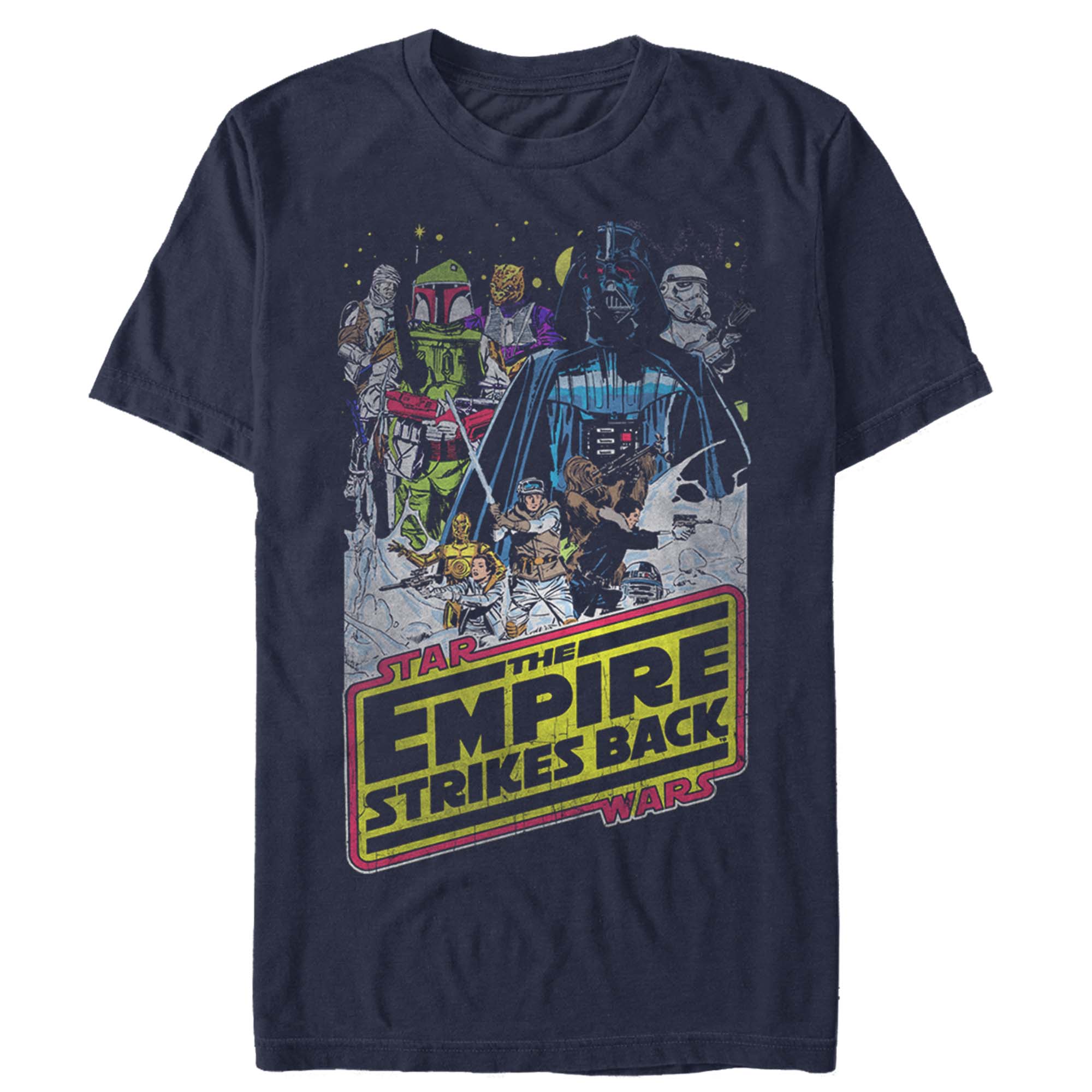 Navy blue Star Wars Empire Strikes Back graphic t-shirt featuring Darth Vader Boba Fett and classic characters