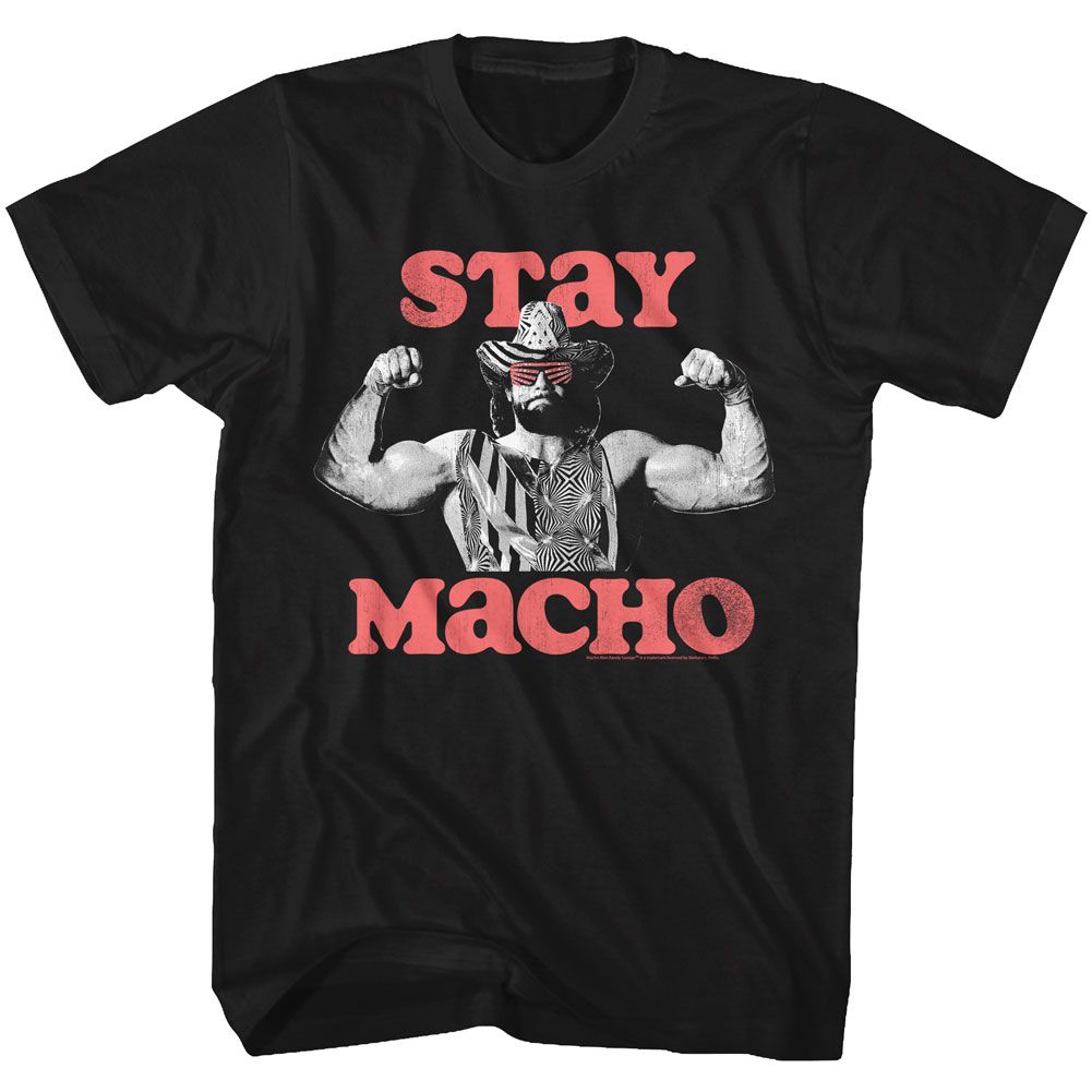 Black T-shirt featuring Randy Savage flexing with red retro “Stay Macho” text.