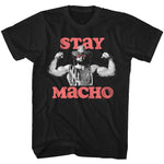 Black T-shirt featuring Randy Savage flexing with red retro “Stay Macho” text.