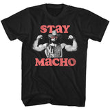 Black T-shirt featuring Randy Savage flexing with red retro “Stay Macho” text.