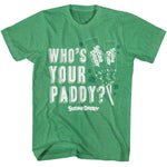 Green St. Patrick’s Day T-shirt featuring Sugar Daddy candy pops and “Who’s Your Paddy?” text with shamrocks