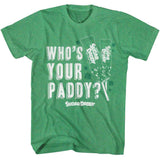 Green St. Patrick’s Day T-shirt featuring Sugar Daddy candy pops and “Who’s Your Paddy?” text with shamrocks