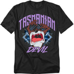 Tasmanian Devil screaming with lightning effects and bold purple lettering on a black T-shirt