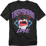Tasmanian Devil screaming with lightning effects and bold purple lettering on a black T-shirt