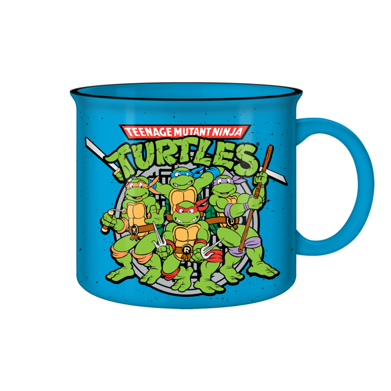 Blue mug with Teenage Mutant Ninja Turtles design on a white background