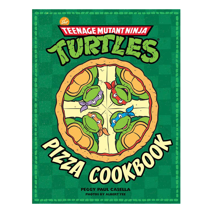 Teenage Mutant Ninja Turtles pizza cookbook cover with turtles on a pizza illustration.