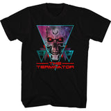 Black Terminator T-shirt featuring a neon 1984-style skull design with glowing red eyes and geometric sci-fi background.
